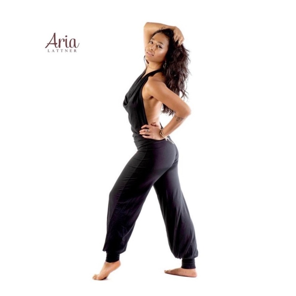 Aria Lattner Organic Bamboo Halter Cowl Neck Jumpsuit Black Handmade USA Dance S